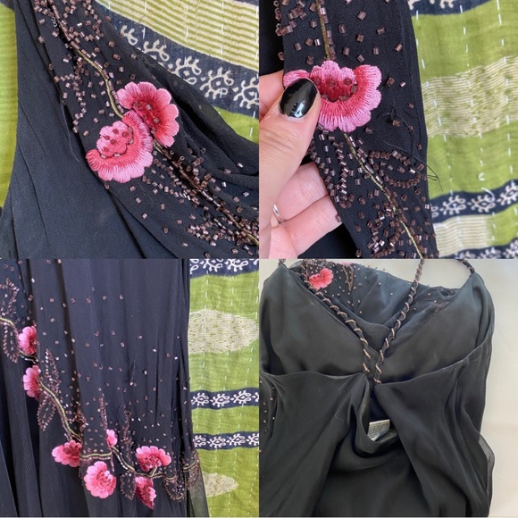 Y2K Xscape Black/ Pink Annabella Silk Beaded Floral Mermaid Maxi Dress Size 10 - Picture 11 of 16
